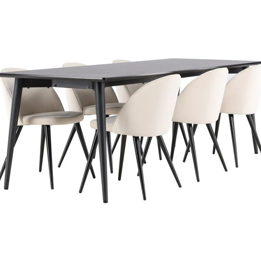 Ruokailuryhmä Venture Home, 230x85cm musta Ellis-pöytä + 6 beigeä Velvet-tuolia, sametti