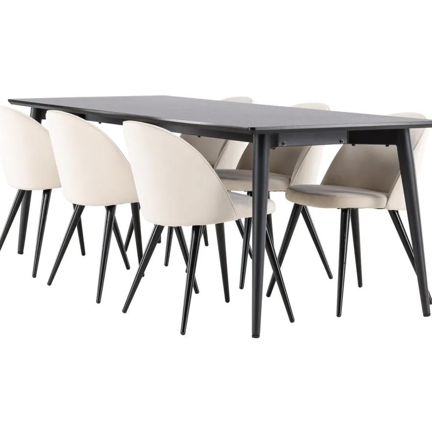 Ruokailuryhmä Venture Home, 230x85cm musta Ellis-pöytä + 6 beigeä Velvet-tuolia, sametti