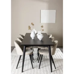 Ruokailuryhmä Venture Home, 230x85cm musta Ellis-pöytä + 6 beigeä Velvet-tuolia, sametti