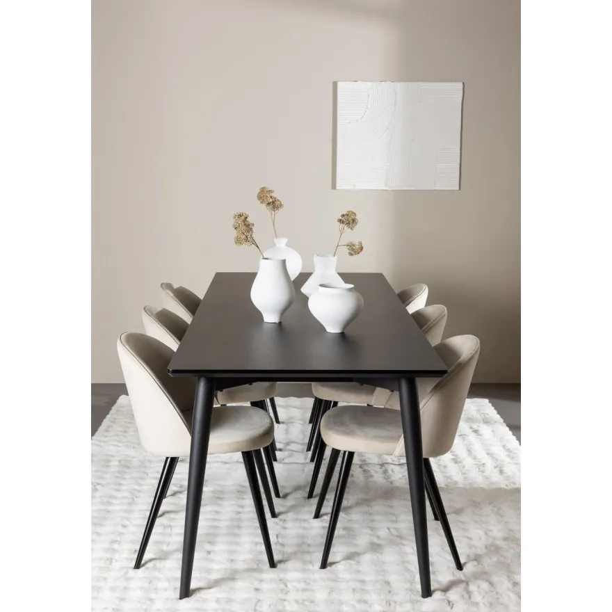 Ruokailuryhmä Venture Home, 230x85cm musta Ellis-pöytä + 6 beigeä Velvet-tuolia, sametti