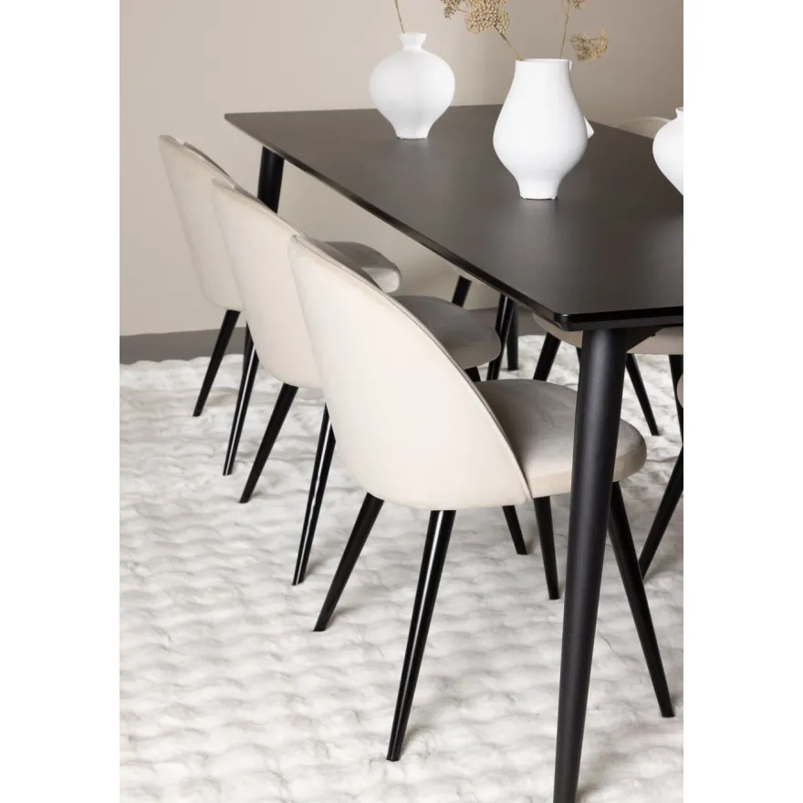 Ruokailuryhmä Venture Home, 230x85cm musta Ellis-pöytä + 6 beigeä Velvet-tuolia, sametti