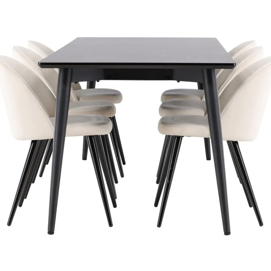 Ruokailuryhmä Venture Home, 230x85cm musta Ellis-pöytä + 6 beigeä Velvet-tuolia, sametti