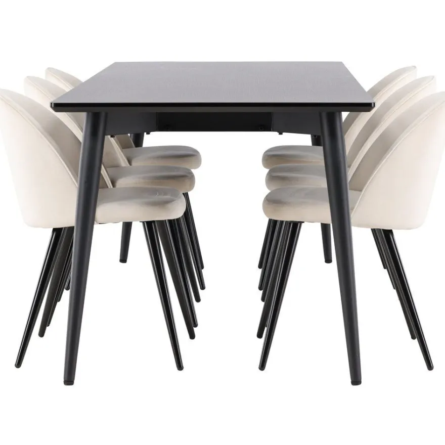 Ruokailuryhmä Venture Home, 230x85cm musta Ellis-pöytä + 6 beigeä Velvet-tuolia, sametti