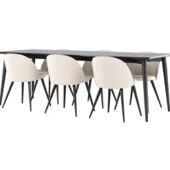Ruokailuryhmä Venture Home, 230x85cm musta Ellis-pöytä + 6 beigeä Velvet-tuolia, sametti
