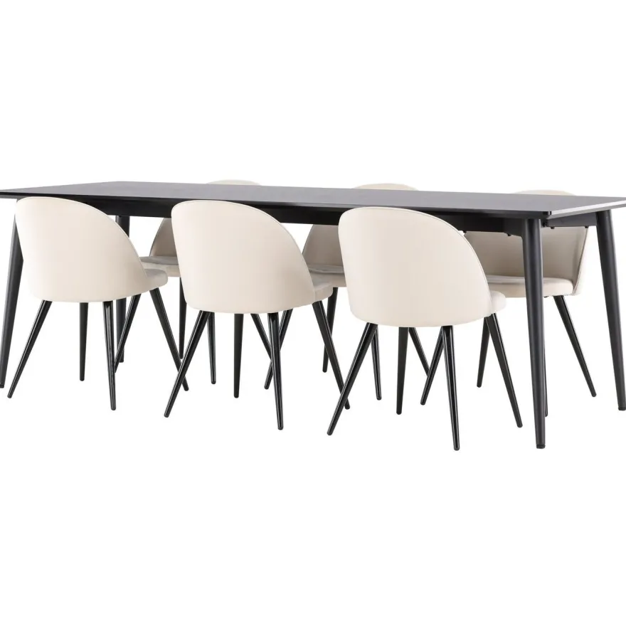 Ruokailuryhmä Venture Home, 230x85cm musta Ellis-pöytä + 6 beigeä Velvet-tuolia, sametti