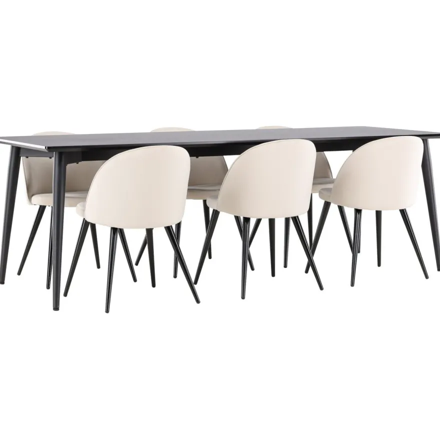 Ruokailuryhmä Venture Home, 230x85cm musta Ellis-pöytä + 6 beigeä Velvet-tuolia, sametti