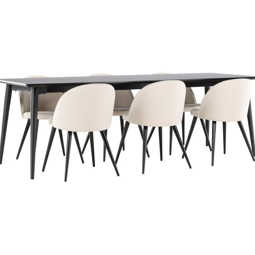 Ruokailuryhmä Venture Home, 230x85cm musta Ellis-pöytä + 6 beigeä Velvet-tuolia, sametti