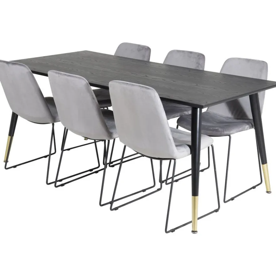 Ruokailuryhmä Venture Home, 180x90cm musta/messinki Dipp-pöytä + 6 harmaata Muce-tuolia
