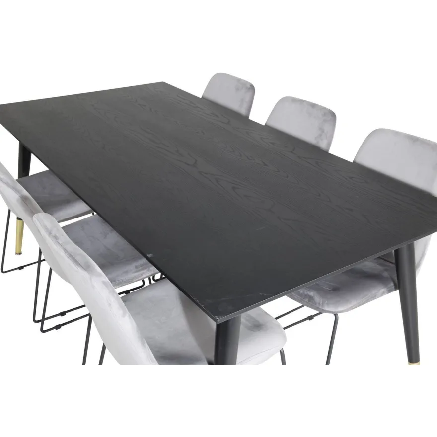 Ruokailuryhmä Venture Home, 180x90cm musta/messinki Dipp-pöytä + 6 harmaata Muce-tuolia