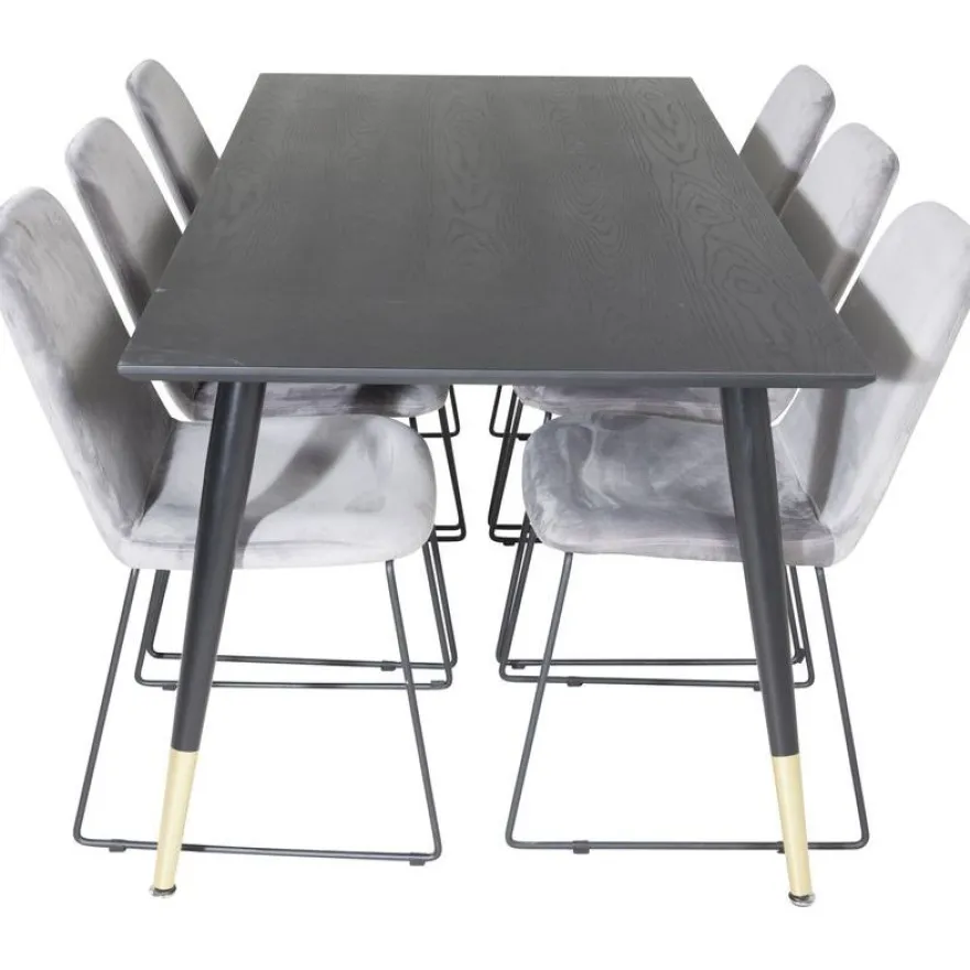 Ruokailuryhmä Venture Home, 180x90cm musta/messinki Dipp-pöytä + 6 harmaata Muce-tuolia