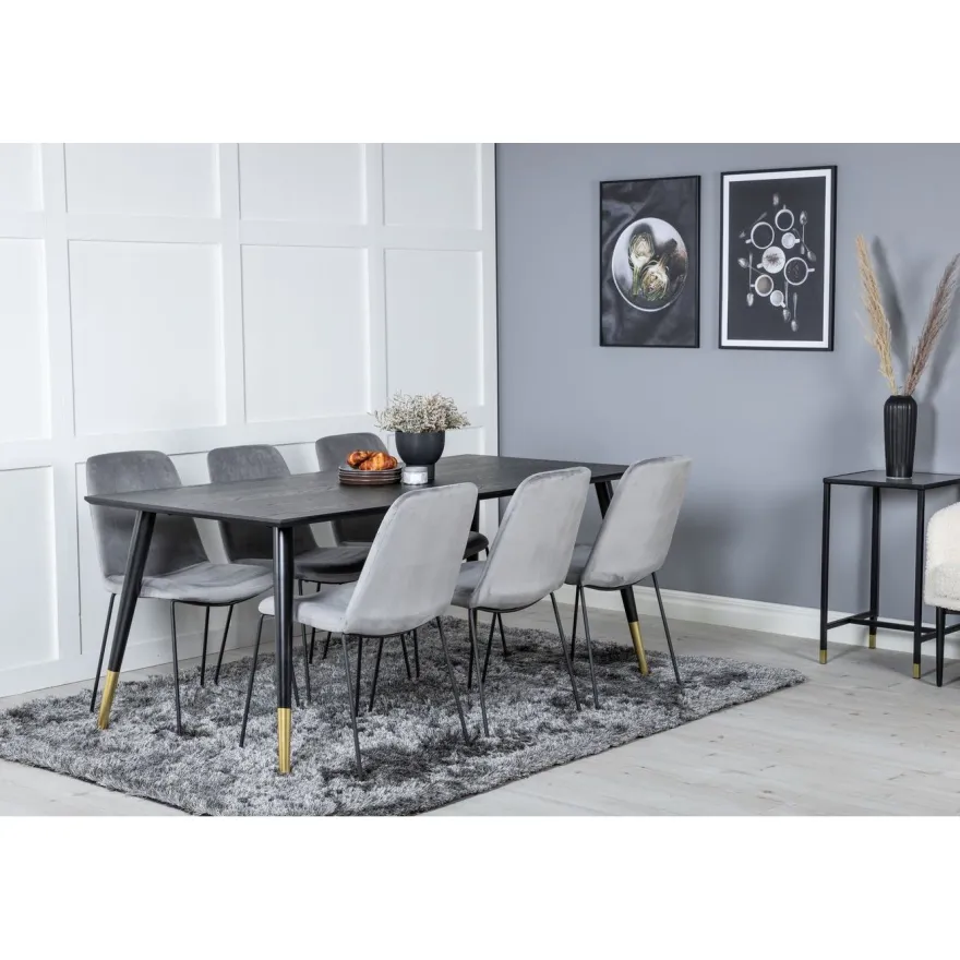 Ruokailuryhmä Venture Home, 180x90cm musta/messinki Dipp-pöytä + 6 harmaata Muce-tuolia