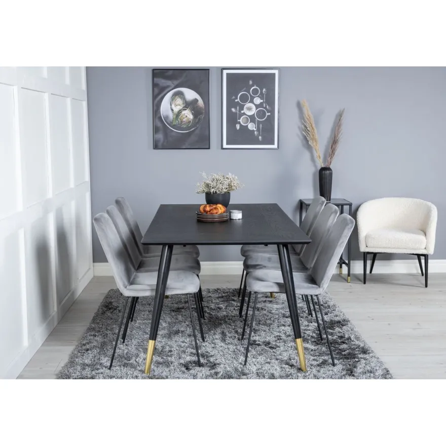 Ruokailuryhmä Venture Home, 180x90cm musta/messinki Dipp-pöytä + 6 harmaata Muce-tuolia