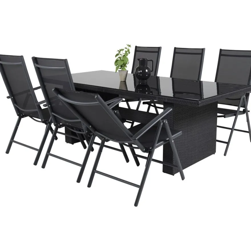 Ruokailuryhmä Venture Home, 200x100cm musta Padova-pöytä + 6 mustaa Break-säätötuolia