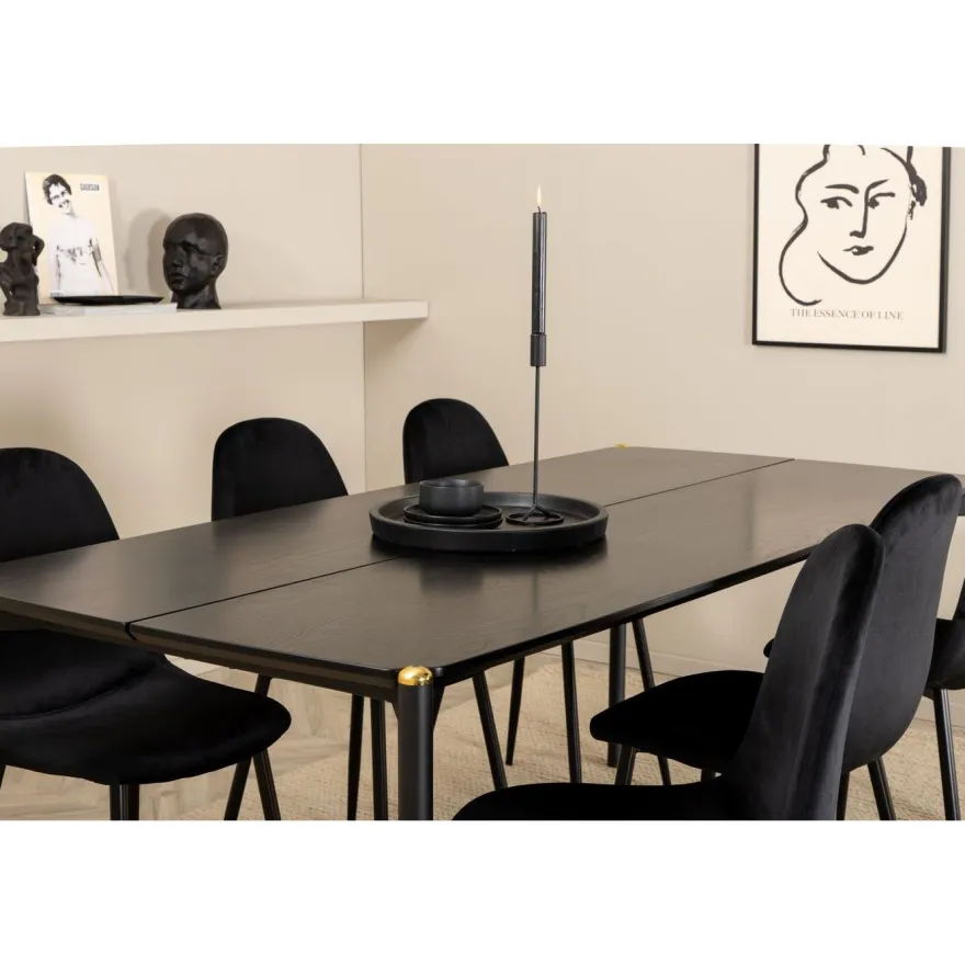 Ruokailuryhmä Venture Home, 190x90cm musta Pelle-pöytä + 6 mustaa Polar-tuolia, sametti
