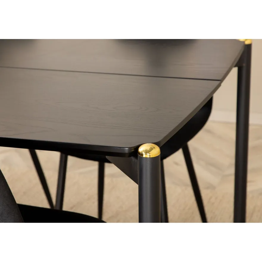 Ruokailuryhmä Venture Home, 190x90cm musta Pelle-pöytä + 6 mustaa Polar-tuolia, sametti