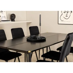 Ruokailuryhmä Venture Home, 190x90cm musta Pelle-pöytä + 6 mustaa Windu Lyx -tuolia, sametti