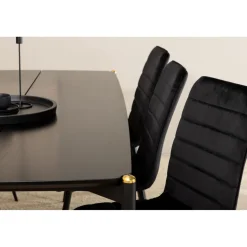 Ruokailuryhmä Venture Home, 190x90cm musta Pelle-pöytä + 6 mustaa Windu Lyx -tuolia, sametti