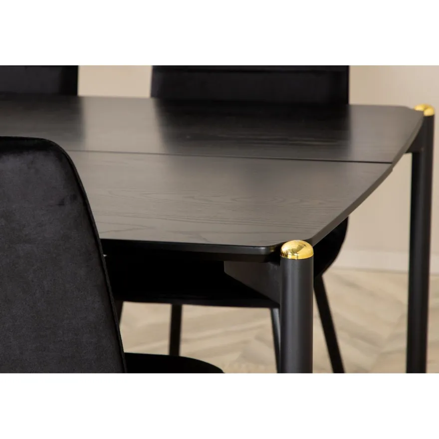 Ruokailuryhmä Venture Home, 190x90cm musta Pelle-pöytä + 6 mustaa Windu Lyx -tuolia, sametti