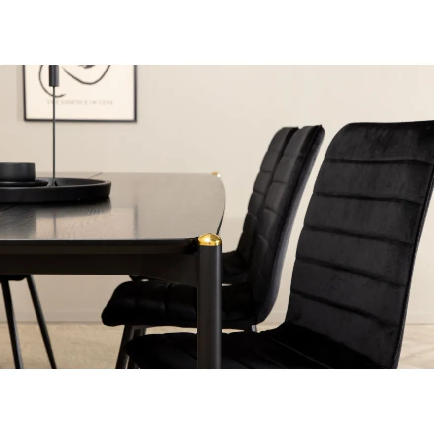 Ruokailuryhmä Venture Home, 190x90cm musta Pelle-pöytä + 6 mustaa Windu Lyx -tuolia, sametti