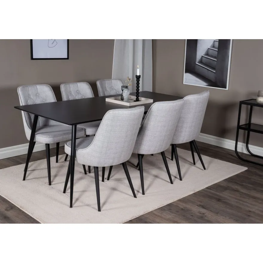 Ruokailuryhmä Venture Home, 180x90cm musta Silar-pöytä + 6 Velvet Deluxe -tuolia