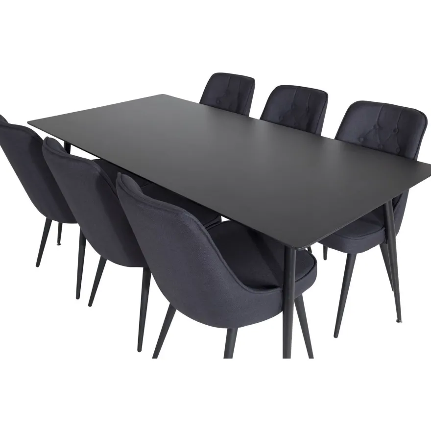 Ruokailuryhmä Venture Home, 180x90cm musta Silar-pöytä + 6 Velvet Deluxe -tuolia