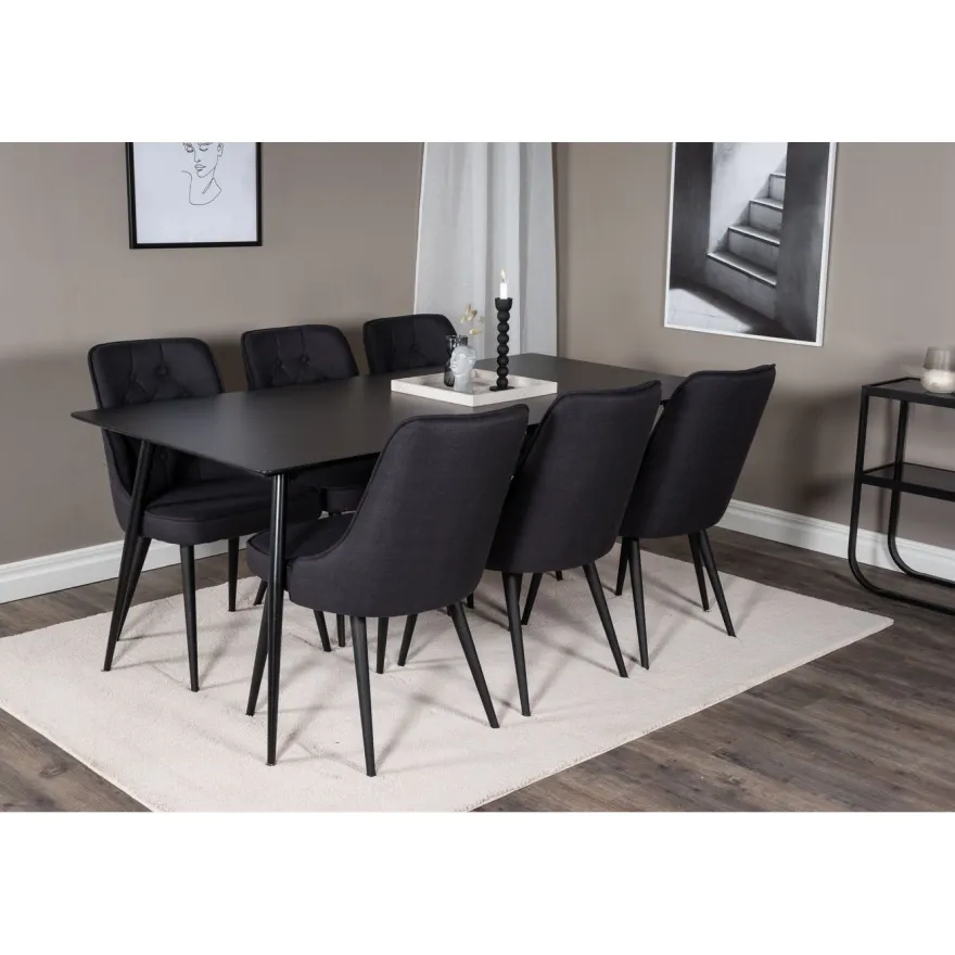 Ruokailuryhmä Venture Home, 180x90cm musta Silar-pöytä + 6 Velvet Deluxe -tuolia