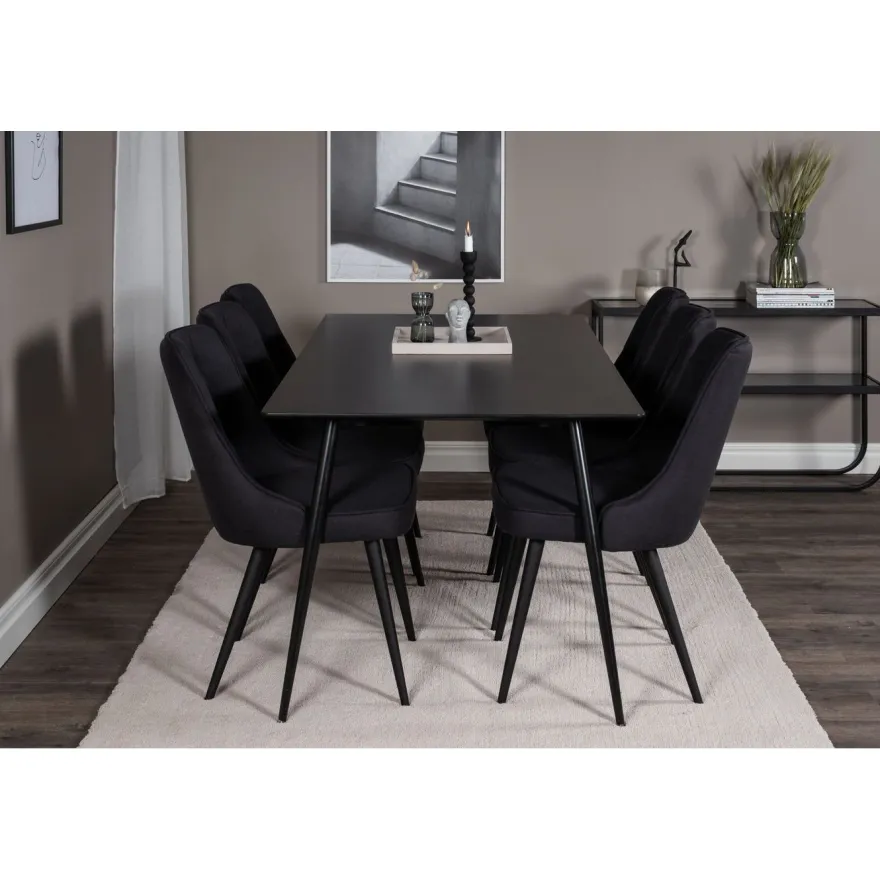 Ruokailuryhmä Venture Home, 180x90cm musta Silar-pöytä + 6 Velvet Deluxe -tuolia