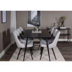 Ruokailuryhmä Venture Home, 180x90cm musta Silar-pöytä + 6 Velvet Deluxe -tuolia