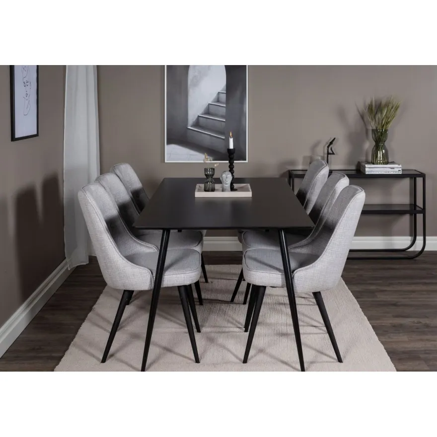 Ruokailuryhmä Venture Home, 180x90cm musta Silar-pöytä + 6 Velvet Deluxe -tuolia