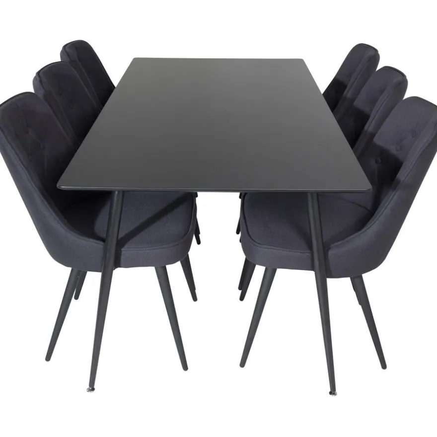 Ruokailuryhmä Venture Home, 180x90cm musta Silar-pöytä + 6 Velvet Deluxe -tuolia