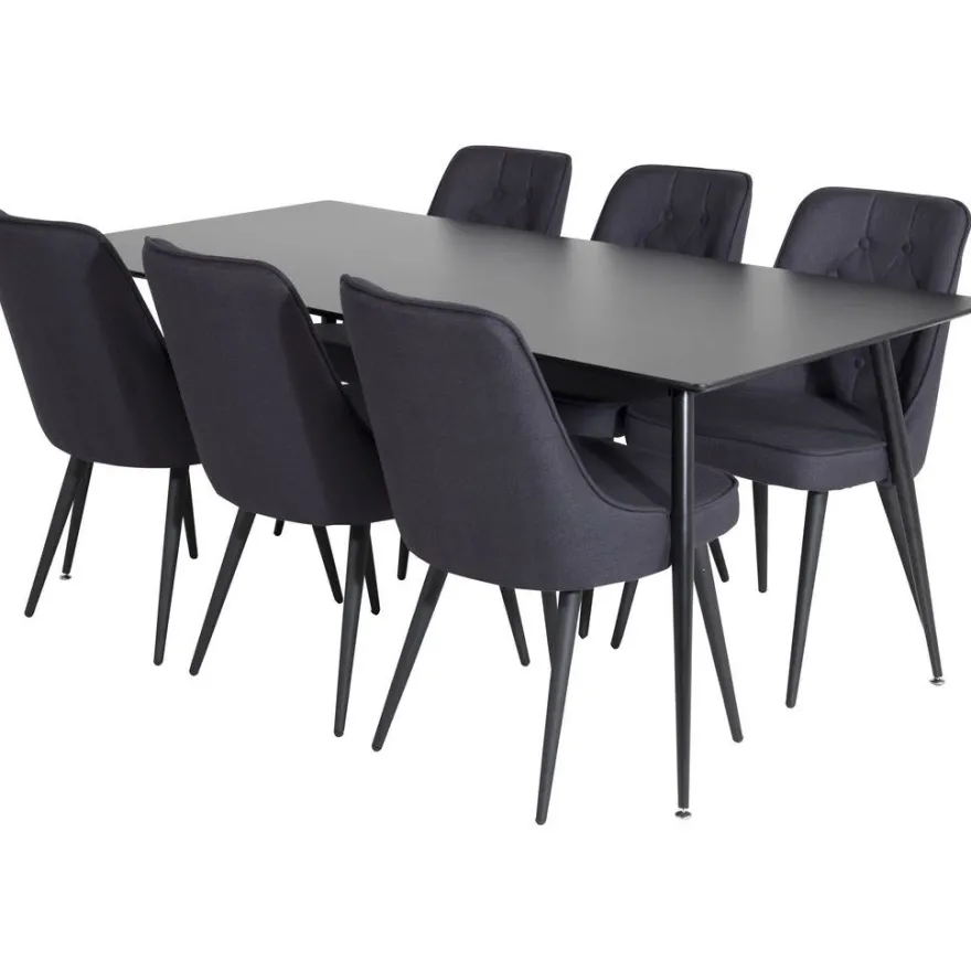 Ruokailuryhmä Venture Home, 180x90cm musta Silar-pöytä + 6 Velvet Deluxe -tuolia