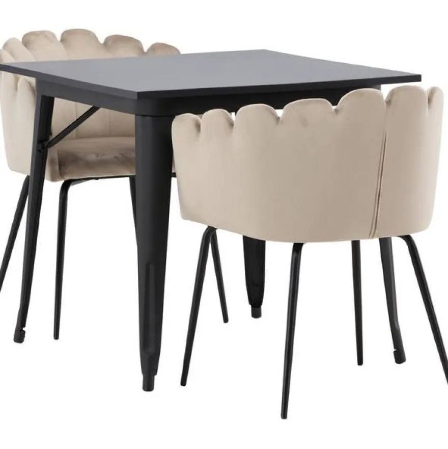 Ruokailuryhmä Venture Home, 80x80cm musta Tempe-pöytä + 2 beigeä Limhamn-tuolia