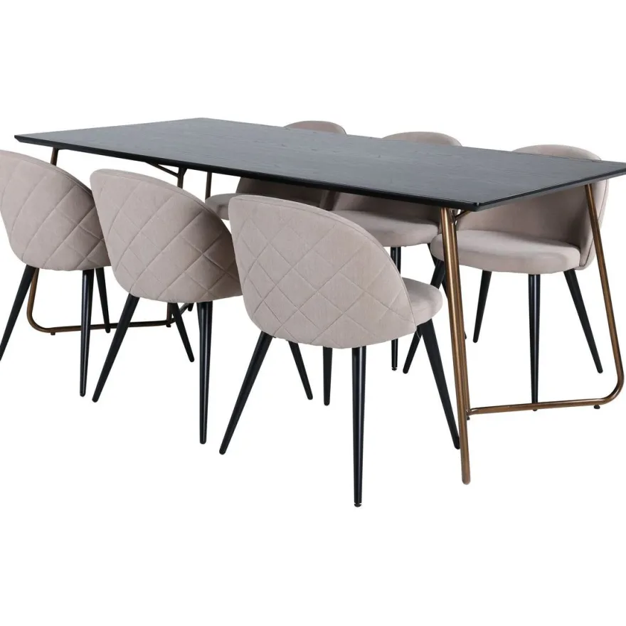 Ruokailuryhmä Venture Home, 190x90cm Petra-pöytä + 6 beigeä Velvet Stitches -tuolia