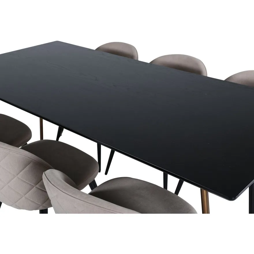 Ruokailuryhmä Venture Home, 190x90cm Petra-pöytä + 6 beigeä Velvet Stitches -tuolia