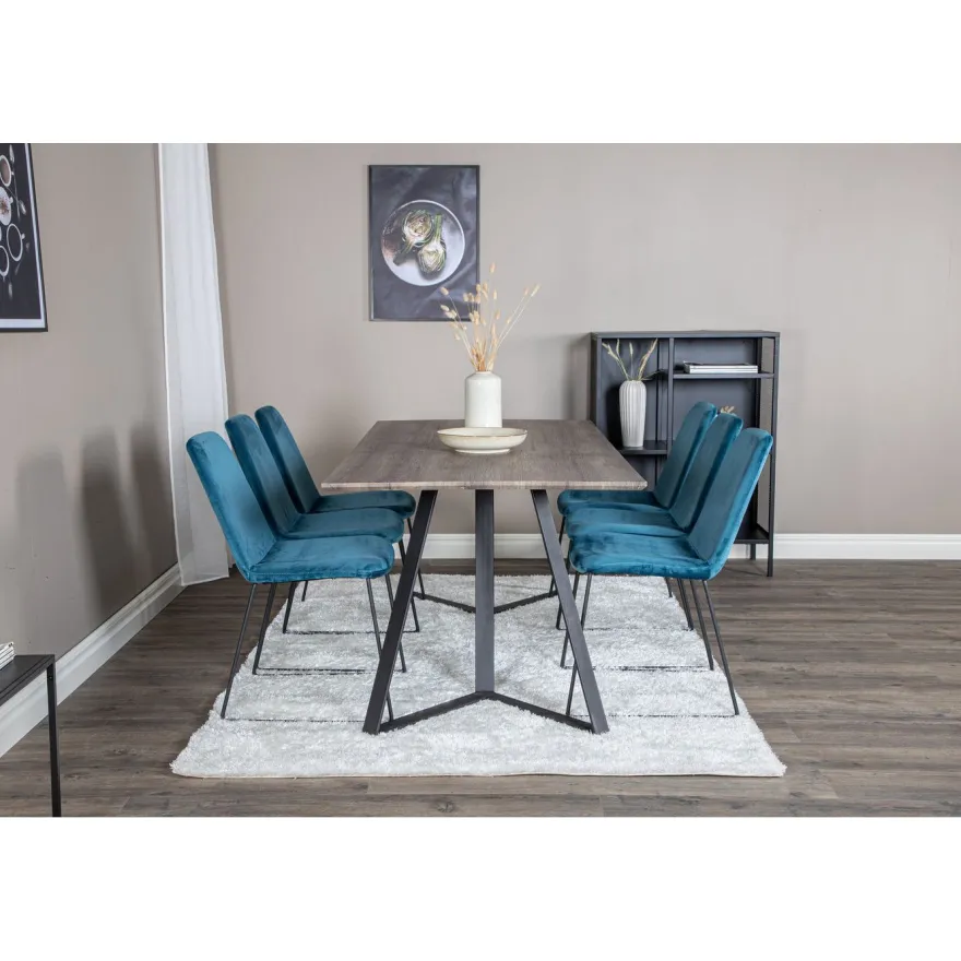 Ruokailuryhmä Venture Home, 180x90cm ruskea Marina-pöytä + 6 sinistä Muce-tuolia, sametti