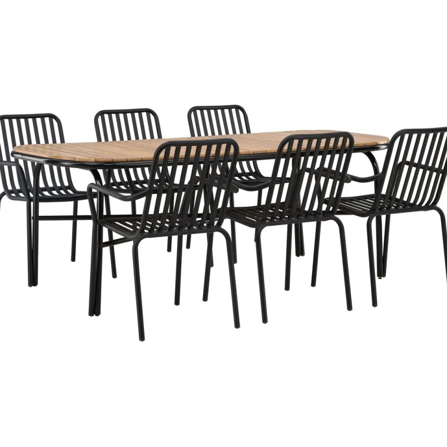 Ruokailuryhmä Venture Home, 200x90cm ruskea/musta Holmbeck-pöytä + 6 mustaa Peking-tuolia