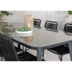 Ruokailuryhmä Venture Home, 200x100cm ruskea/musta Paola-pöytä + 6 pinottavaa Lindos-tuolia