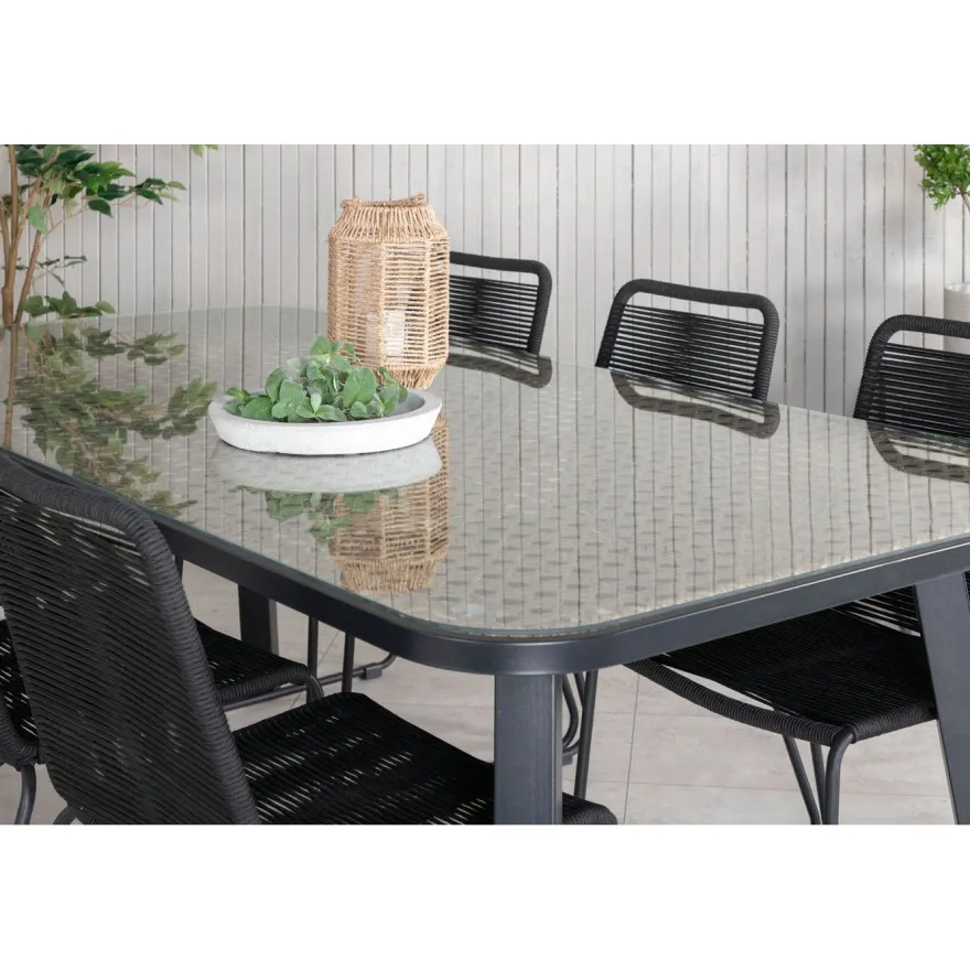 Ruokailuryhmä Venture Home, 200x100cm ruskea/musta Paola-pöytä + 6 pinottavaa Lindos-tuolia