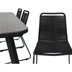 Ruokailuryhmä Venture Home, 200x100cm ruskea/musta Paola-pöytä + 6 pinottavaa Lindos-tuolia