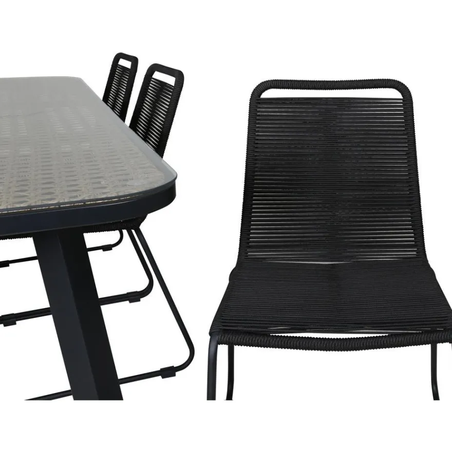 Ruokailuryhmä Venture Home, 200x100cm ruskea/musta Paola-pöytä + 6 pinottavaa Lindos-tuolia