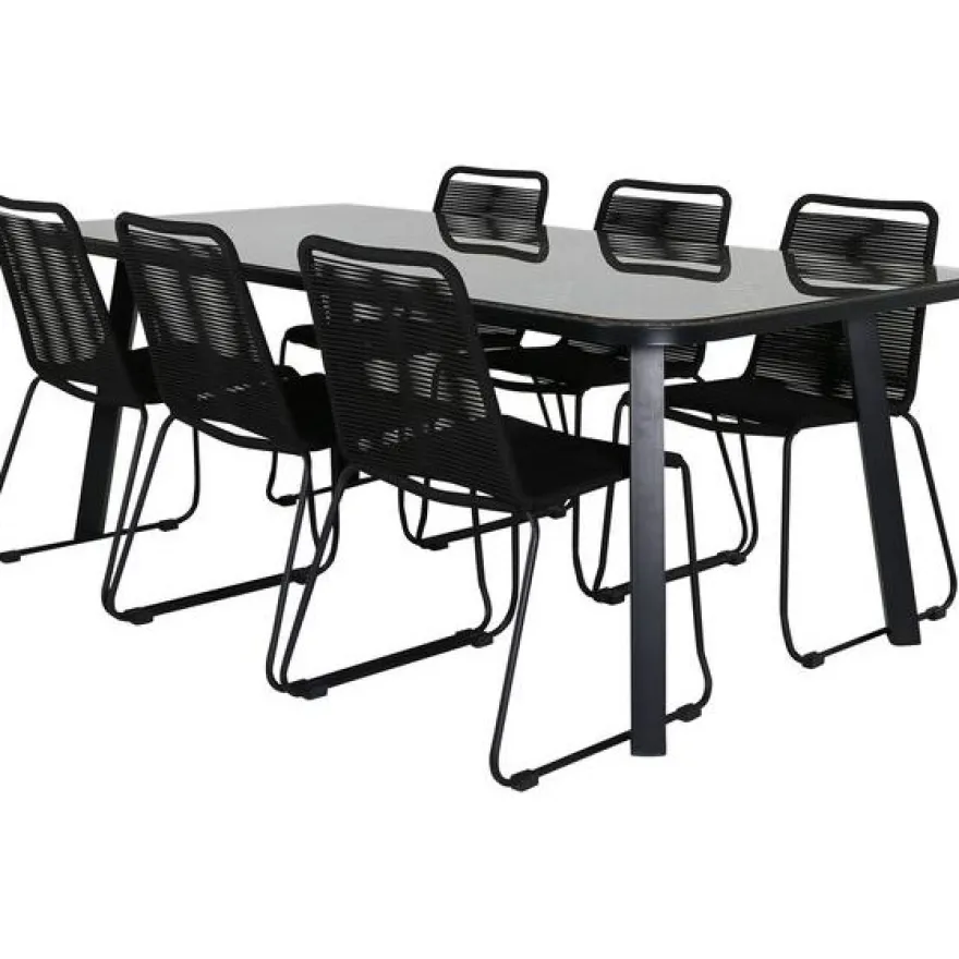 Ruokailuryhmä Venture Home, 200x100cm ruskea/musta Paola-pöytä + 6 pinottavaa Lindos-tuolia