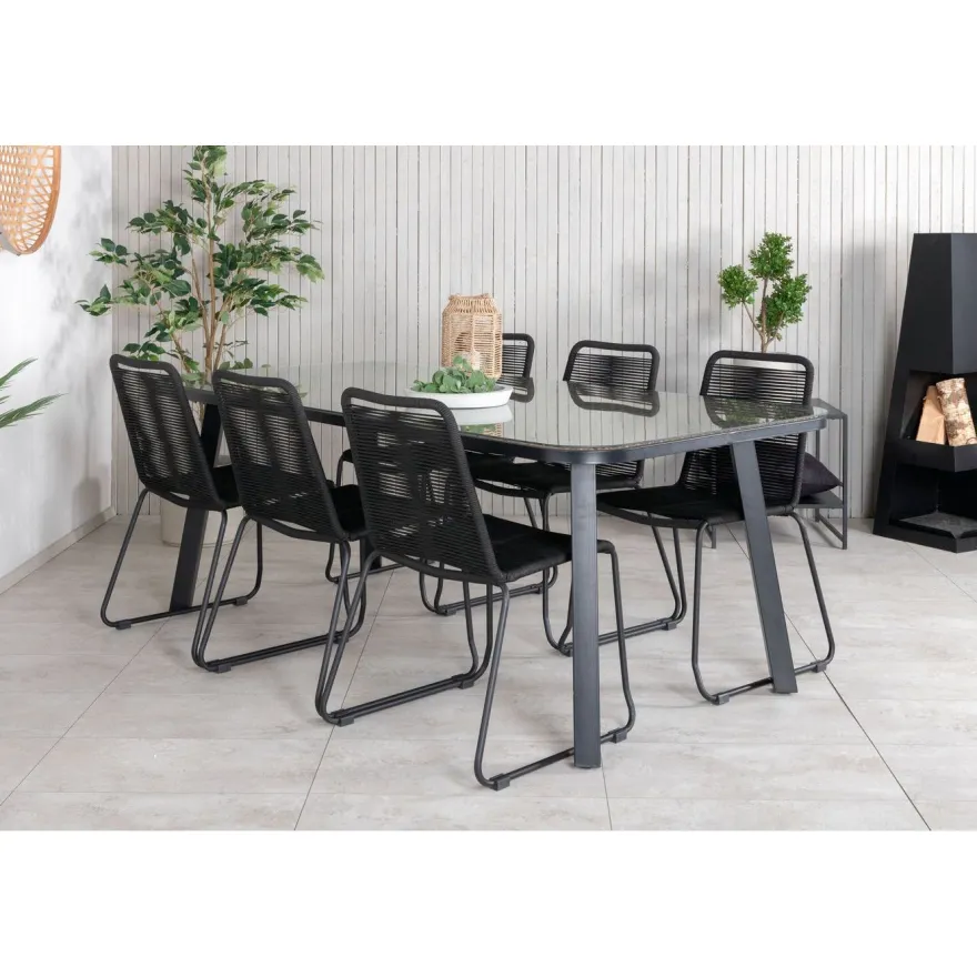 Ruokailuryhmä Venture Home, 200x100cm ruskea/musta Paola-pöytä + 6 pinottavaa Lindos-tuolia