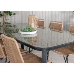 Ruokailuryhmä Venture Home, 200x100cm ruskea/musta Paola-pöytä + 6 pinottavaa Lindos-tuolia