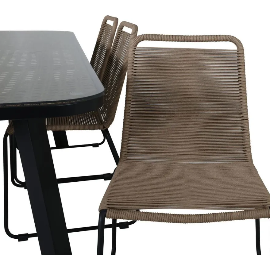 Ruokailuryhmä Venture Home, 200x100cm ruskea/musta Paola-pöytä + 6 pinottavaa Lindos-tuolia