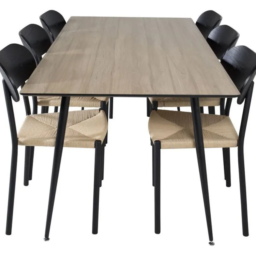 Ruokailuryhmä Venture Home, 180x90cm ruskea Silar-pöytä + 6 beige-mustaa Polly-tuolia