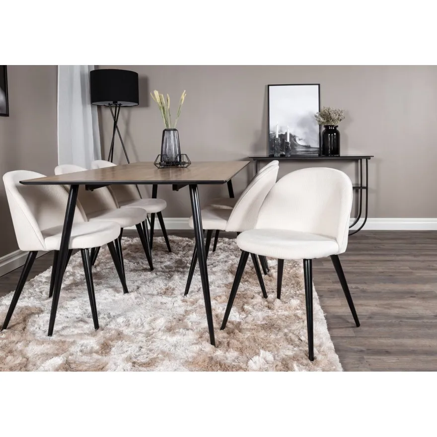 Ruokailuryhmä Venture Home, 180x90cm ruskea Silar-pöytä + 6 beigeä Velvet-tuolia, vakosametti