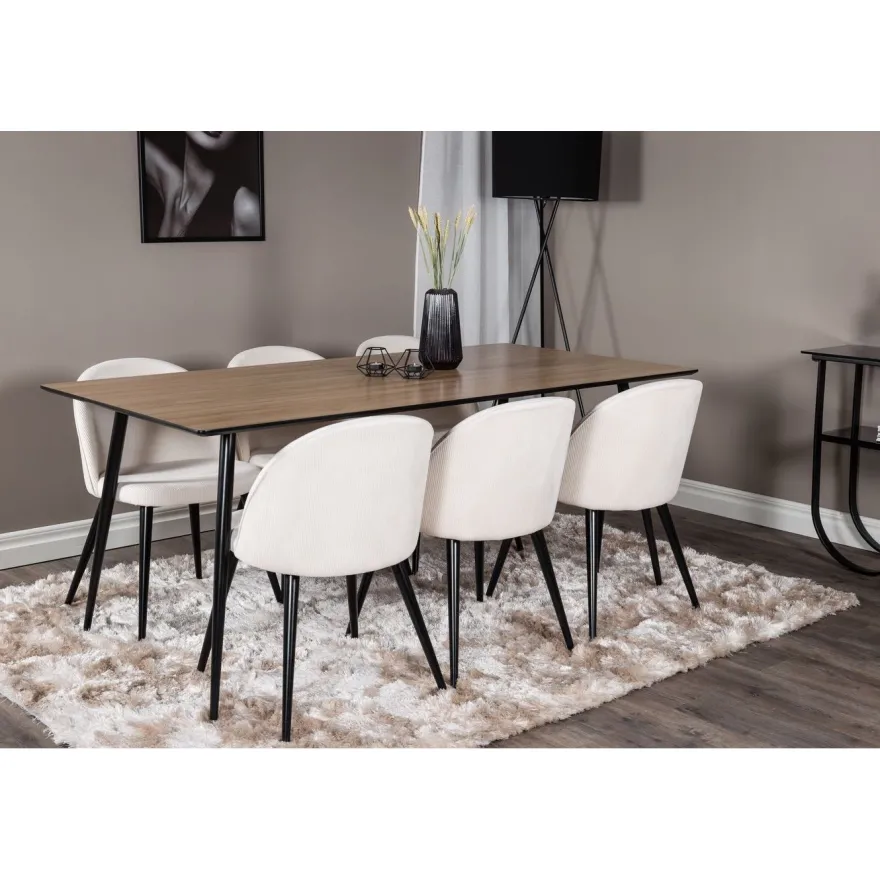Ruokailuryhmä Venture Home, 180x90cm ruskea Silar-pöytä + 6 beigeä Velvet-tuolia, vakosametti