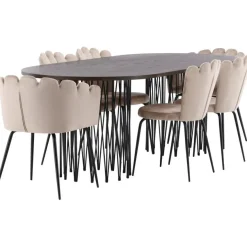 Ruokailuryhmä Venture Home, 220x100cm ruskea Stone Oval -pöytä + 2 beigeä Limhamn- ja 4 beigeä Limnhamn Light -tuolia, sametti