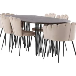 Ruokailuryhmä Venture Home, 220x100cm ruskea Stone Oval -pöytä + 2 beigeä Limhamn- ja 4 beigeä Limnhamn Light -tuolia, sametti