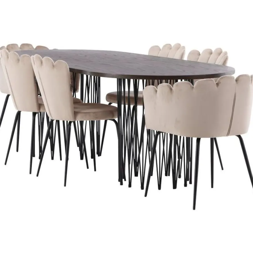 Ruokailuryhmä Venture Home, 220x100cm ruskea Stone Oval -pöytä + 2 beigeä Limhamn- ja 4 beigeä Limnhamn Light -tuolia, sametti